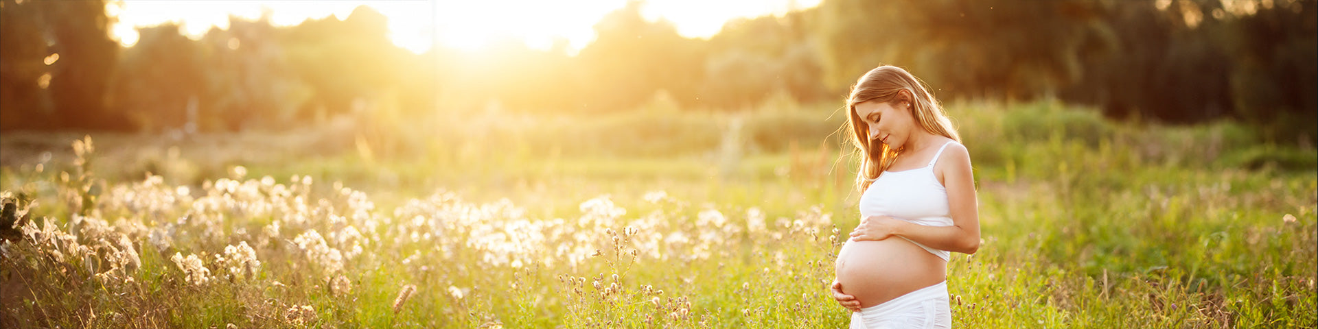 Eine schwangere Frau in einem weißen Kleid steht in einem sonnenbeschienenen Feld, hält sanft ihren Bauch und schaut nach unten, umgeben von grünem Gras und Wildblumen.