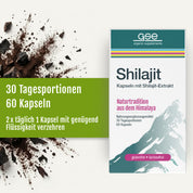 Eine Schachtel gse.organic.supplements Shilajit ist neben einem deutschen Text abgebildet: "30 Tagesportionen, 60 Kapseln, 2x täglich 1 Kapsel mit genügend Flüssigkeit verzehren," und braun-schwarzen Shilajit-Harzbrocken.