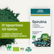 Packung „Naturland Bio Spirulina“ (Tabletten) von gse.organic.supplements in grün-weißer Verpackung; 240 vegane, biologische, glutenfreie Tabletten – eine natürliche Eisenquelle. 20 Tagesportionen; 3-mal täglich 4 Tabletten einnehmen.