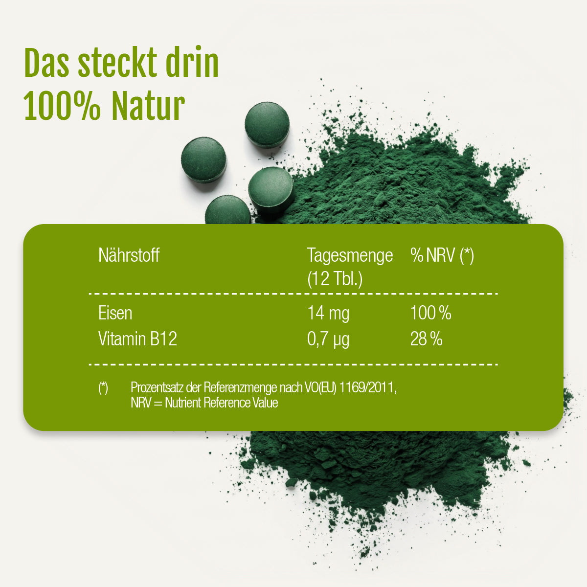 Gse.organic.supplements Naturland Bio Spirulina (Tabletten) und Spirulina-Pulver (Abbildung). 12 Tabletten liefern Eisen (14 mg, 100 % NRV) und Vitamin B12 (0,7 µg, 28 % NRV). „Das steckt drin: 100 % Natur – veganes Nahrungsergänzungsmittel.“.