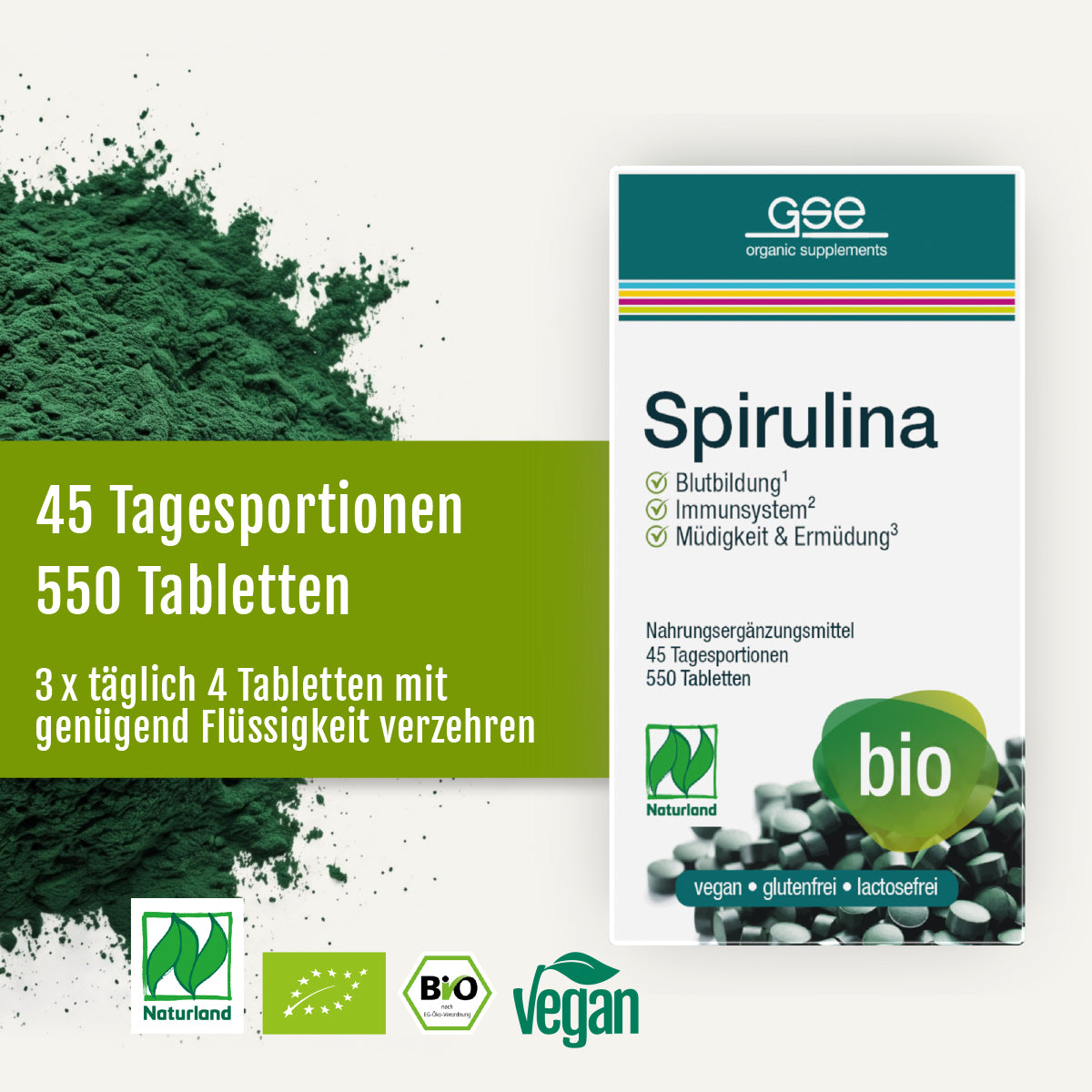 Naturland Bio-Spirulina (Tabletten) von gse.organic.supplements: Packung mit 550 Tabletten (45 Portionen), Einnahmehinweise, Vorteile als natürliche Eisenquelle, aus biologischem Anbau, vegan, zertifiziert gluten- und laktosefrei. Enthält Tabletten und Spirulina-Pulver.