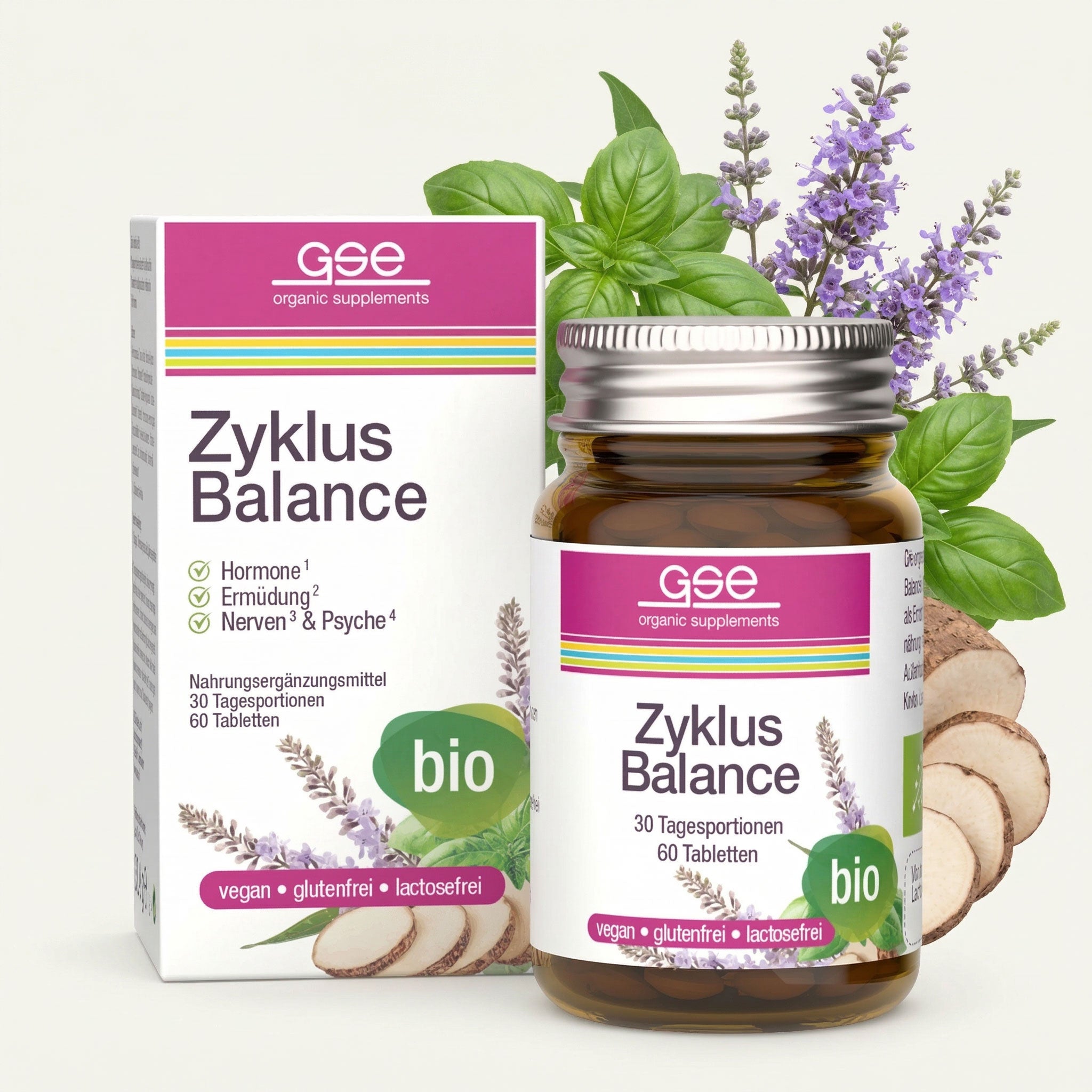 Eine Flasche und eine Schachtel mit Zyklus-Balance-Nahrungsergänzungsmitteln werden mit Kräutern und Pflanzenwurzeln gezeigt. Das Etikett hebt hervor, dass es vegan, glutenfrei und laktosefrei ist und Inhaltsstoffe für Hormone, Nerven und das Stimmungsgleichgewicht enthält.